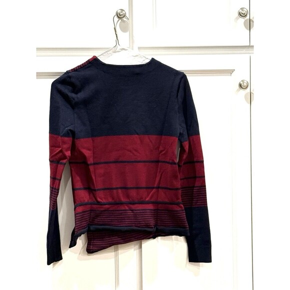 Tory Burch Agate Lion Navy Red Stripe Asymmetrical Wool Blend Sweater Small - Picture 2 of 4